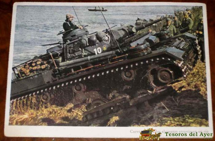Antigua postal de militares - carros blindados alemanes travesando un rio - no circulada - ed. carl 