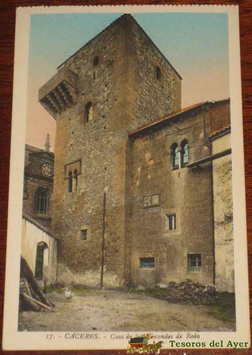 Antigua postal coloreada de caceres - casa de los viscondes de roda - ed. l. roisin - no circulada.