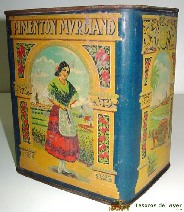 Antigua caja de hojalata litografiada con publicidad de pimenton murciano -  mide  20 x 17  x 14 cms