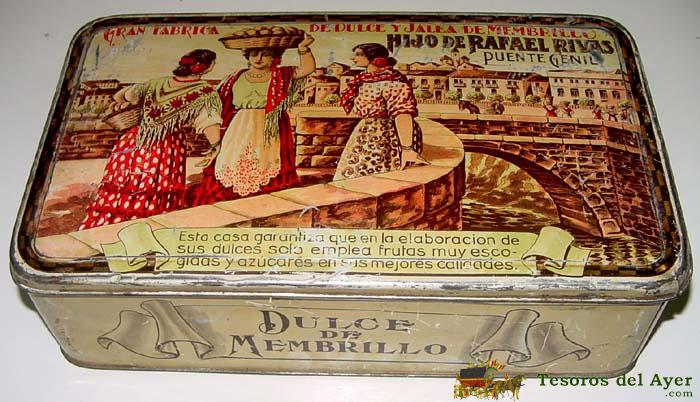 Antigua caja de hojalata litografiada con publicidad de dulce y jalea de membrillo de puente genil -