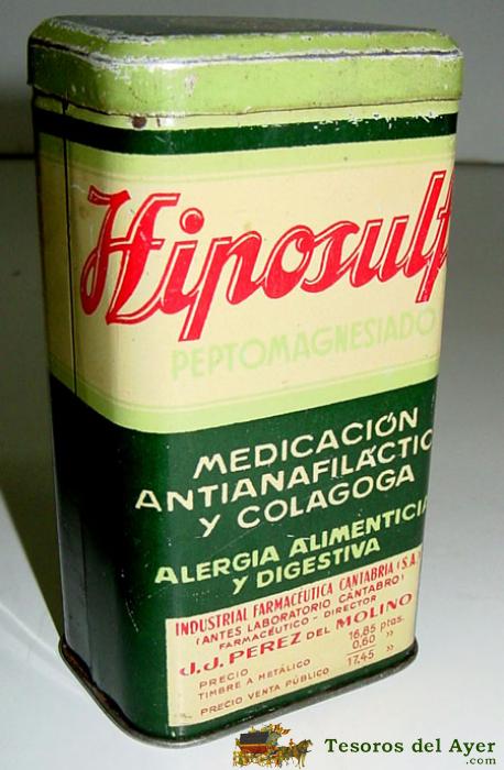 Antigua caja de hojalata litografiada con publicidad de medicina hiposulfin - farmacia . mide 13 x 5