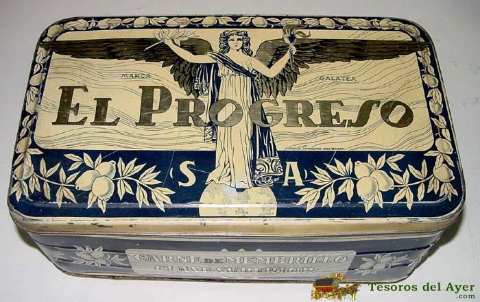 Antigua caja de hojalata litografiada con publicidad de el progreso - gran fabrica a vapor de carne 