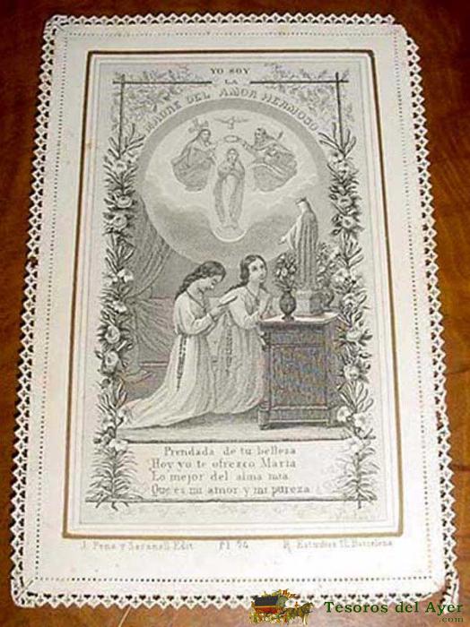 Antigua estampa bordada y calada - holy card lace - finales s. xix principios del s. xx - mide 11 x 