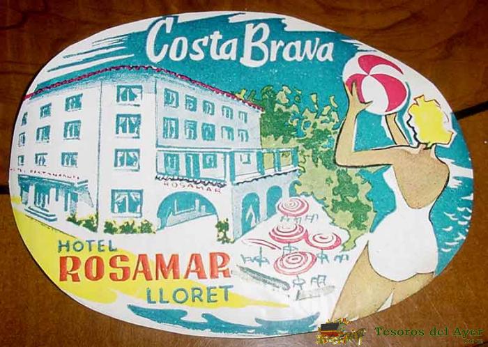 Antigua etiqueta para maleta con publicidad del hotel rosa mar - lloret - tamaño postal aproximadame