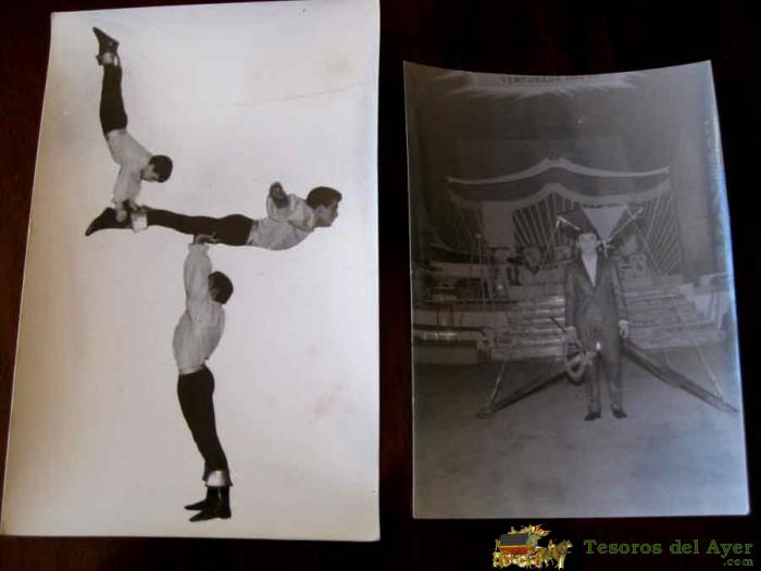 2 antiguas fotografias de artistas de circo miden un poquito menos que una postal 13 x 9 cms. buen